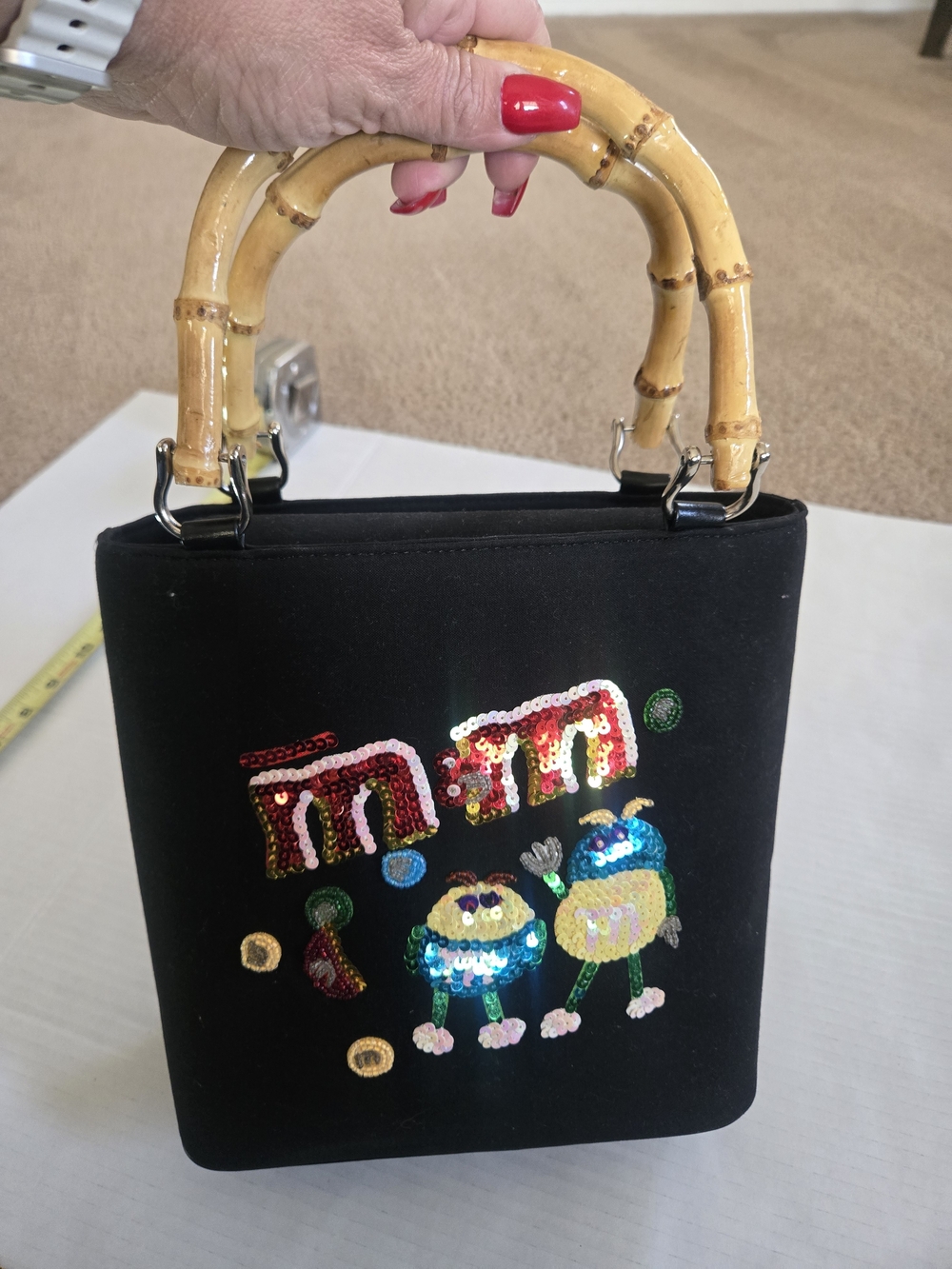 Black Sequin Character Handbag with Bamboo Handles